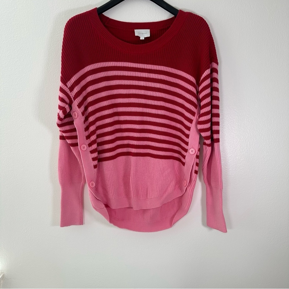 Sundays Striped Sweater Small Pink Red Button Detail Cotton Knit